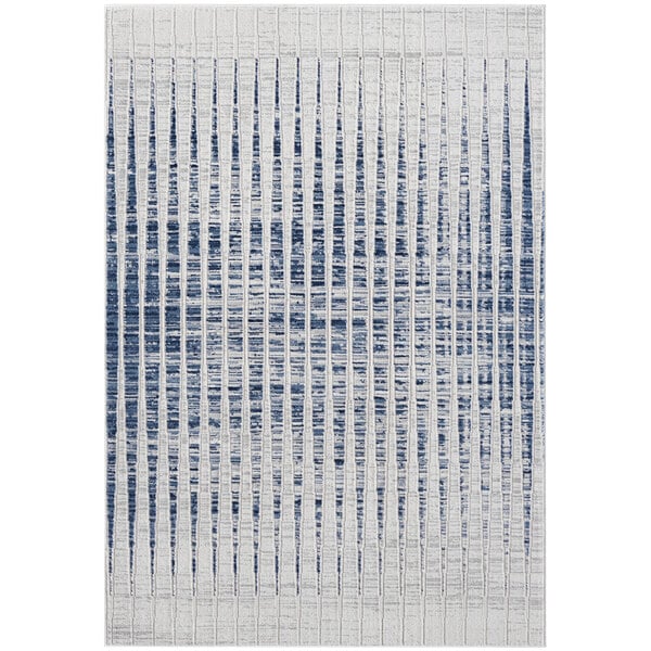 An Abani Atlas Collection area rug with blue and gray vertical lines.