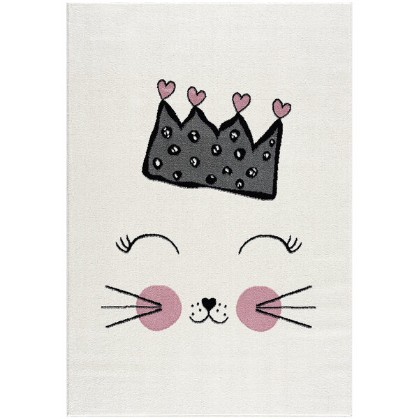 A pink area rug with a cat face and crown in a pink circle.