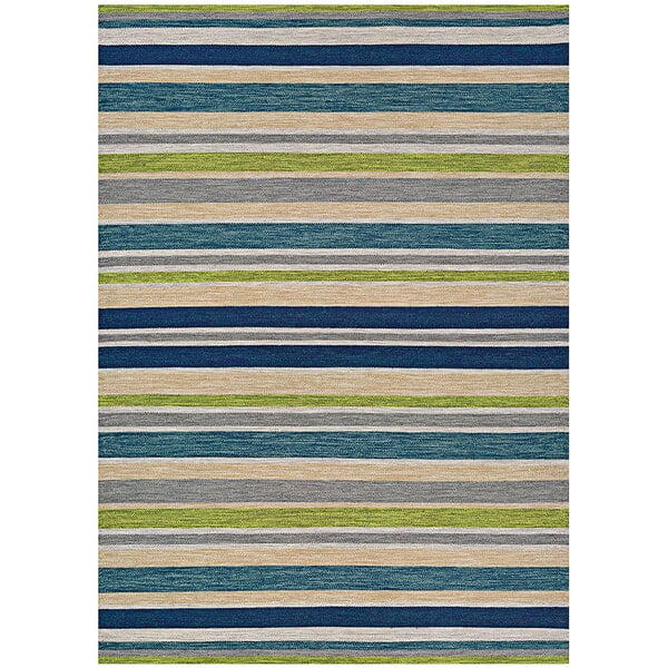 A close up of a Couristan Cottages Alki Ocean Shapes area rug with blue, green, and grey stripes.