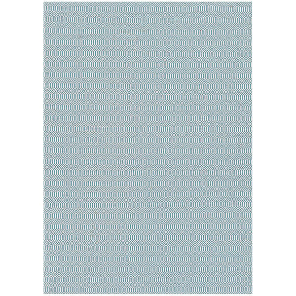 A white rectangular rug with a blue and white diamond pattern.