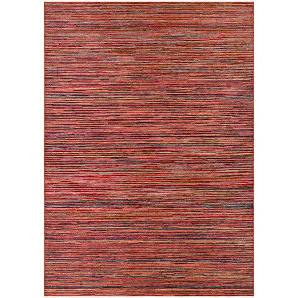 A close-up of a Couristan Cape Hinsdale crimson multi-colored area rug with blue and red stripes.