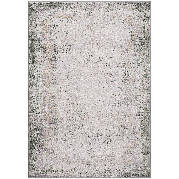 An Abani Atlas Collection green and gray area rug with a distressed design.