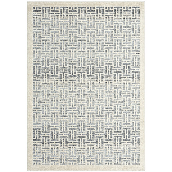 An Abani Cabo Collection farmhouse area rug with a geometric pattern in grey and white.