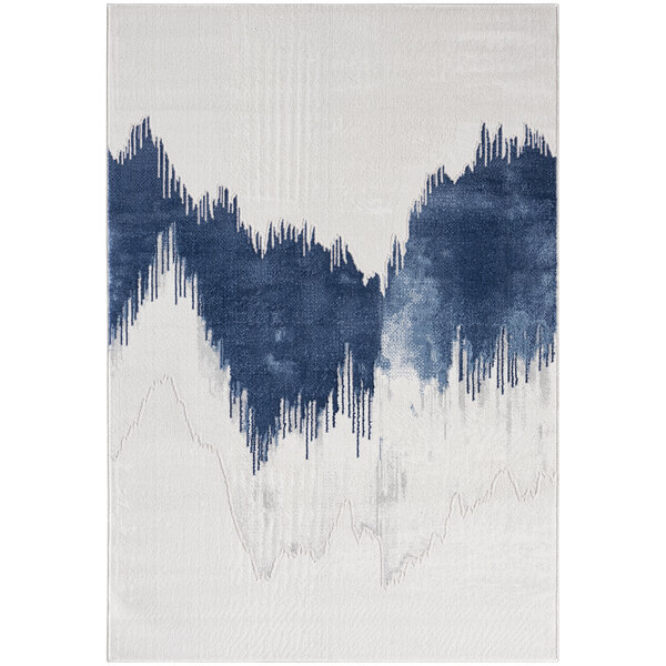 A blue and gray Abani Atlas Collection area rug with a wave pattern.