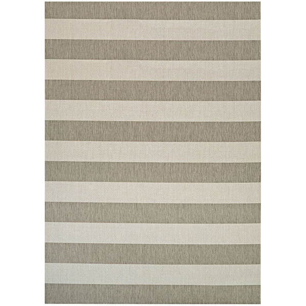 A tan and ivory striped Couristan rug with a white border.