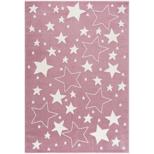 A pink rug with white star patterns.