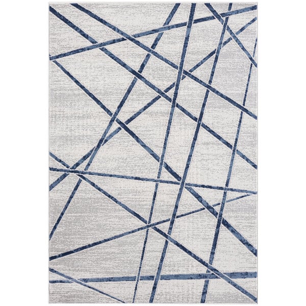 An Abani blue and gray area rug with criss cross lines and geometric blue lines.