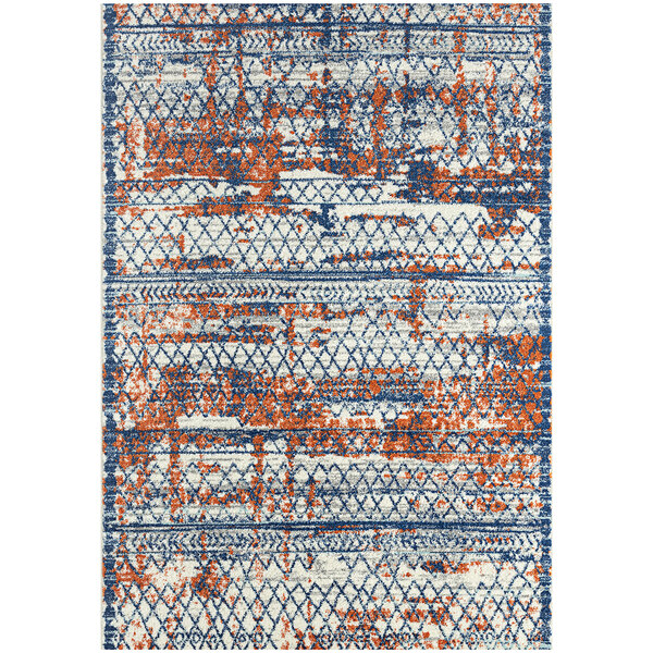 A close up of a multicolor Abani Casa Collection area rug with geometric patterns in blue and orange.