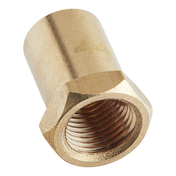 A gold brass Main Street Equipment orifice nut with a threaded nut on the end.