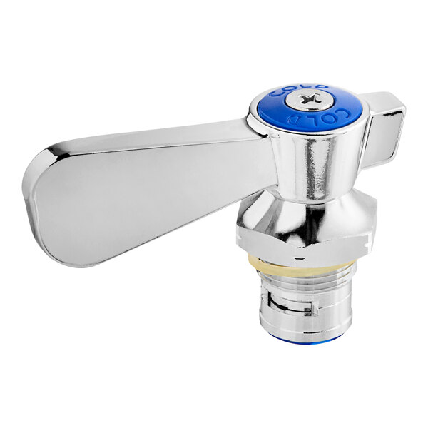 A chrome faucet with a blue and white ceramic cartridge and blue handle.