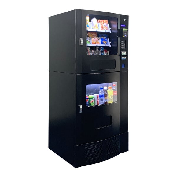 A black Seaga SnakMart vending machine filled with drinks and snacks.