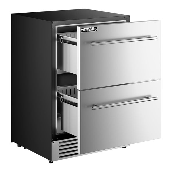 A stainless steel beverage cooler with two pull-out drawers.
