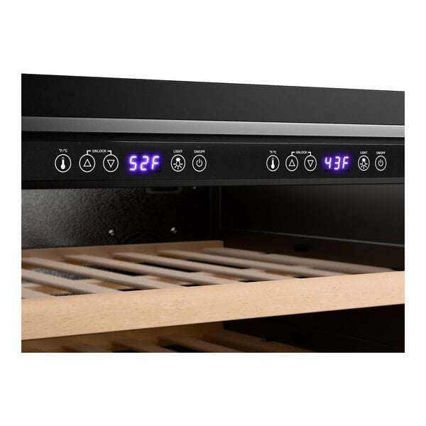 A dual temperature beverage cooler with digital controls and wooden shelves.