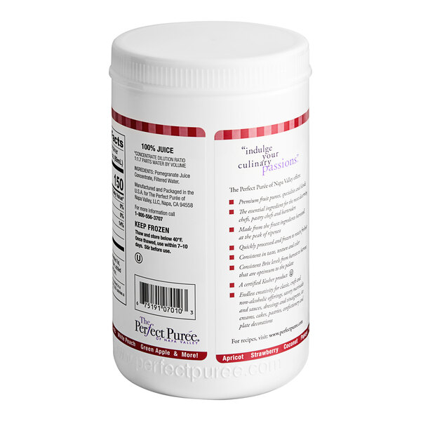 A white plastic container of Perfect Puree Pomegranate Concentrate with red and white labels.