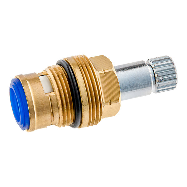 A close-up of a metal and blue valve with brass and blue components.