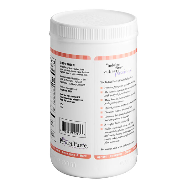 A white plastic container of Perfect Puree White Peach Puree with a white label and black and red text.
