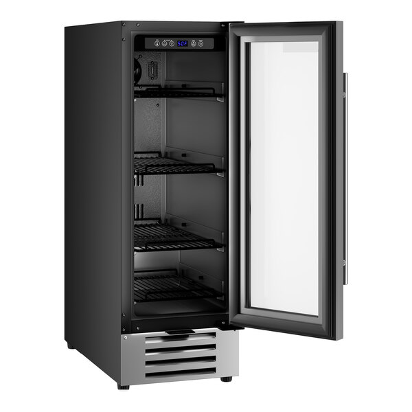 A slim, single temperature beverage cooler with a full glass door and multiple wire shelves.