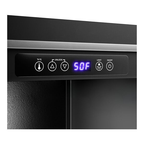 A black electronic beverage cooler with a digital control panel and glass door.