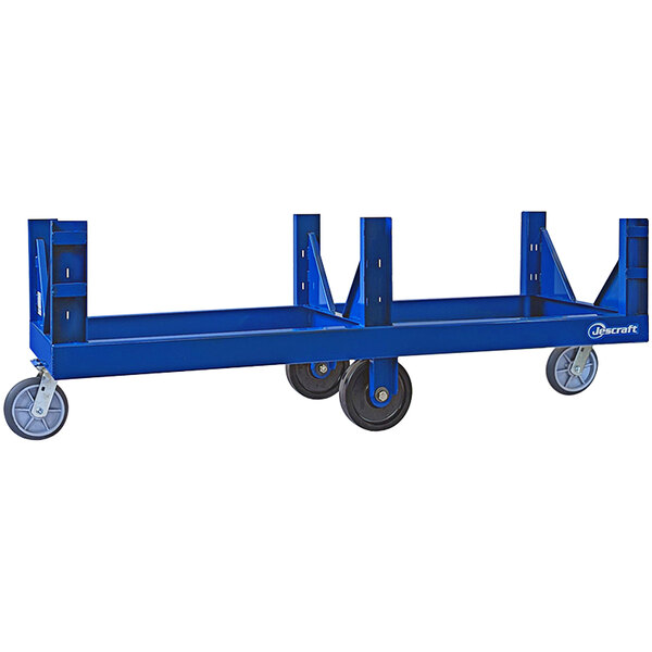 A blue metal Jescraft mobile pipe/bar cart with black wheels.