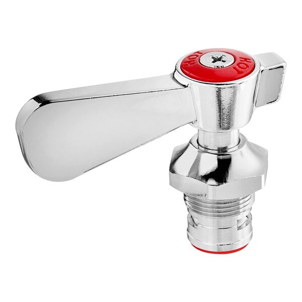 A chrome and red ceramic cartridge valve with a red handle.