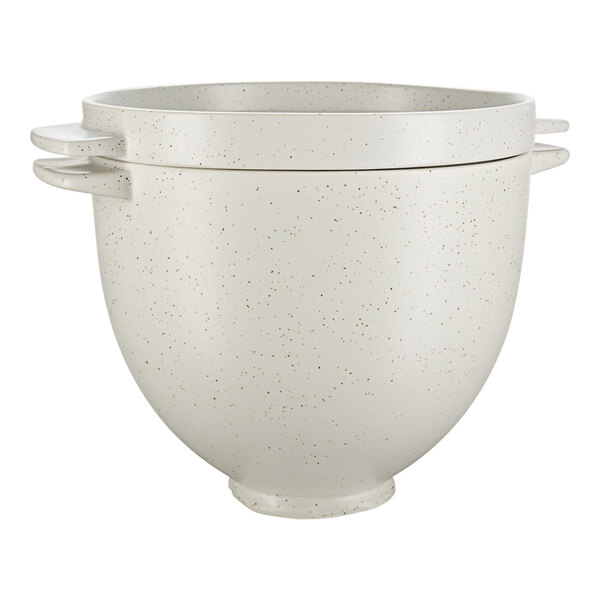 A white bowl with two handles.