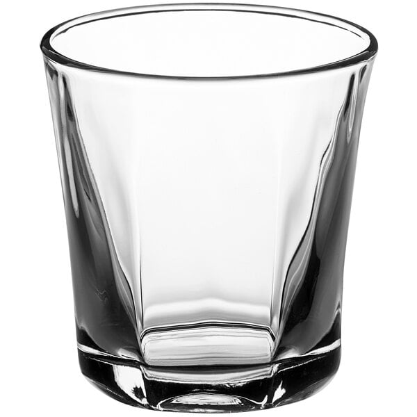 An Anchor Hocking Clarisse rocks glass with a clear glass square base.