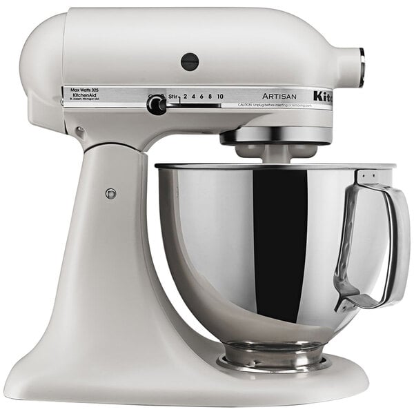 A white KitchenAid Artisan stand mixer on a white background.