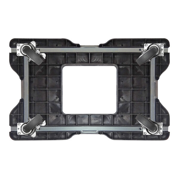 A black plastic Snap-Loc panel cart dolly with wheels and metal clamps.