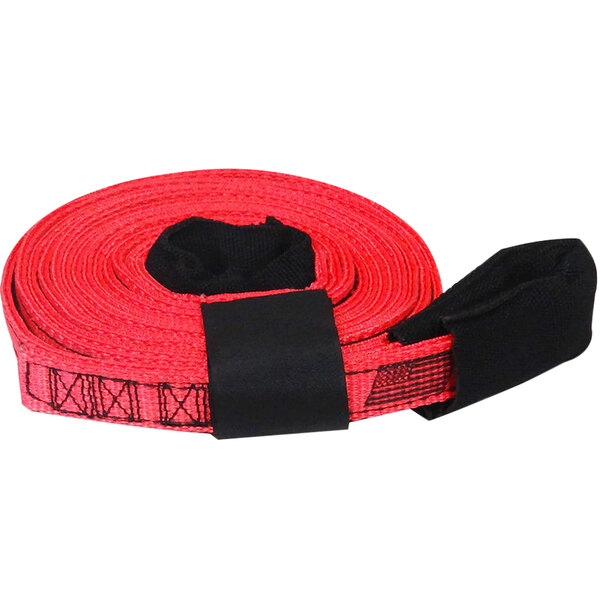 A red and black Snap-Loc heavy-duty tow strap with black handles.