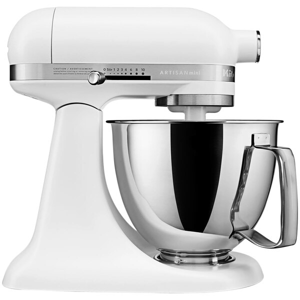 A matte white KitchenAid Mini Plus countertop mixer with a silver bowl.