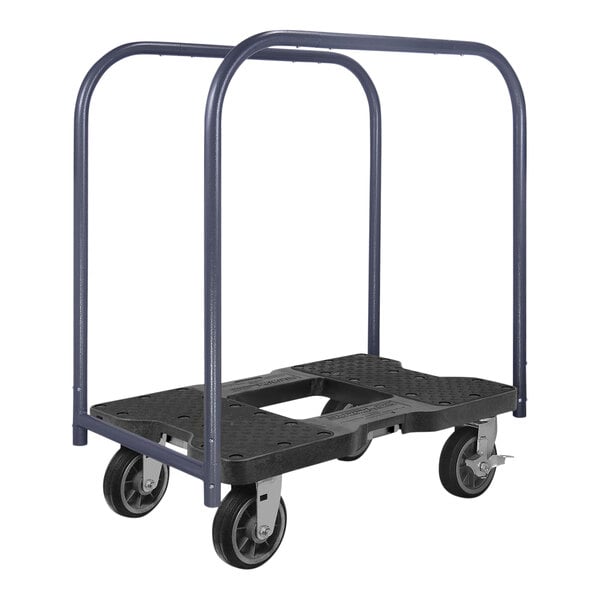 A black Snap-Loc panel cart with wheels and a handle.