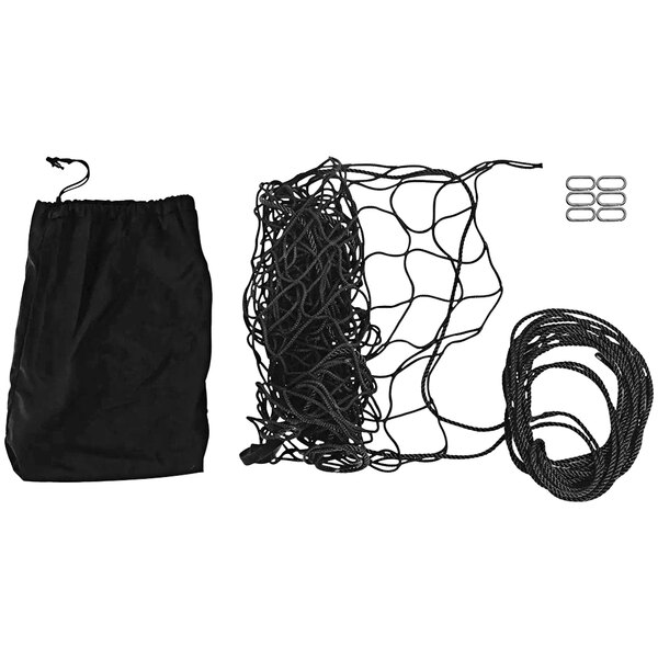 A black bag with a black string net and rope.