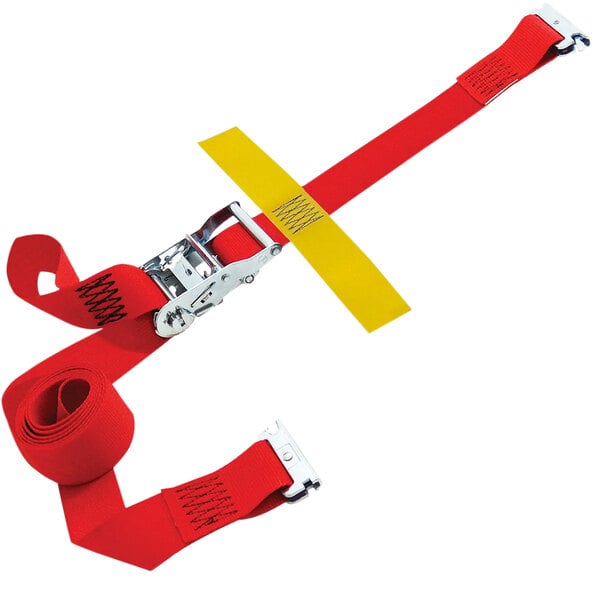 A red Snap-Loc tie-down strap with yellow and white handles and a yellow cross on the end.