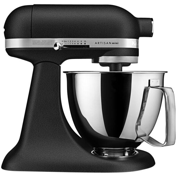 A black KitchenAid Mini Plus countertop mixer with a silver bowl.