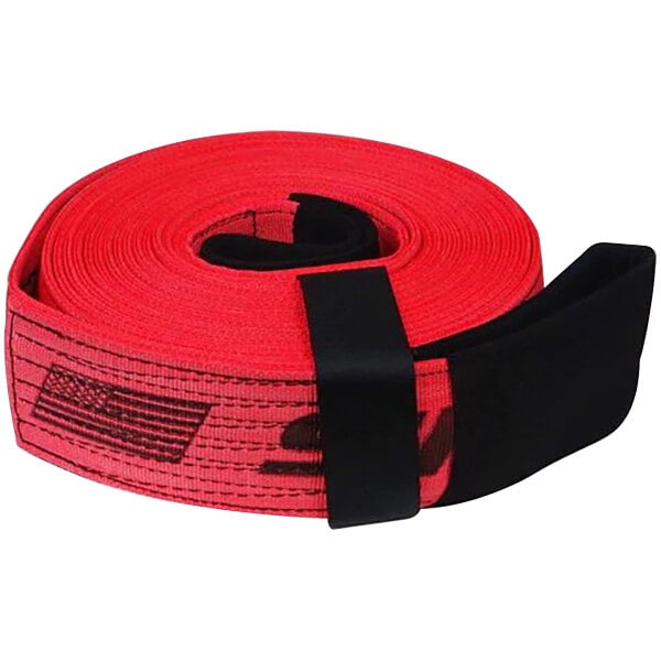 A red and black Snap-Loc tow strap with black handles.