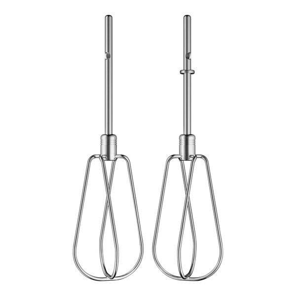 A set of two metal KitchenAid beaters with handles.