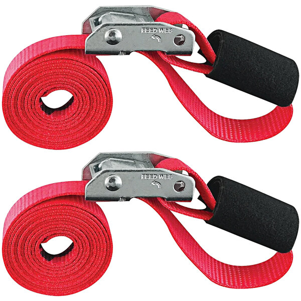 A pair of red Snap-Loc tie-down cinch straps with metal clips.