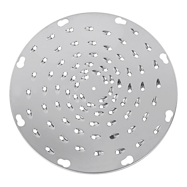 A circular metal Globe heavy-duty shredding plate with holes.