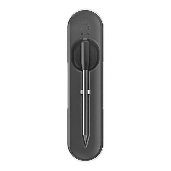 A Yummly wireless meat thermometer with a black pen design and a white button.