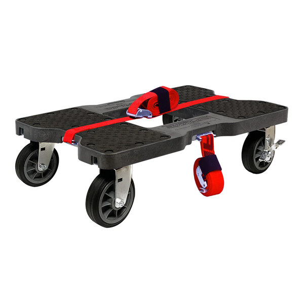 A black plastic Snap-Loc dolly with black wheels.