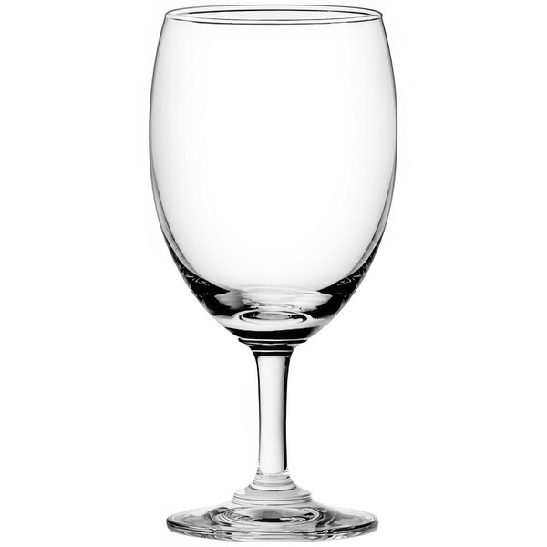 A close-up of a clear Classic wine glass with a stem.