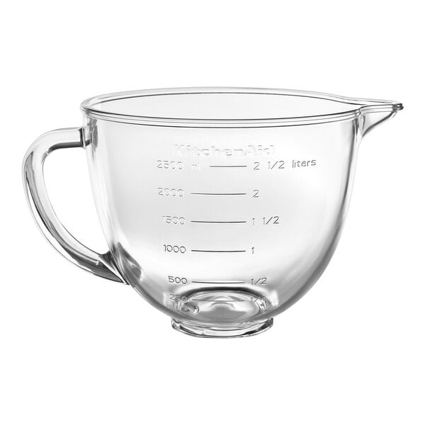 A clear glass mixing bowl with a handle and lid for a KitchenAid Mini Plus Series mixer.