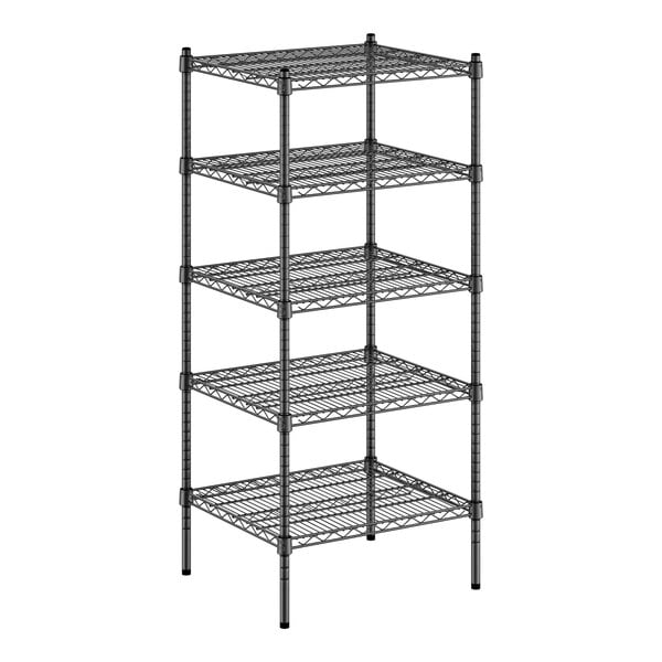 A black wire shelving unit with four shelves.