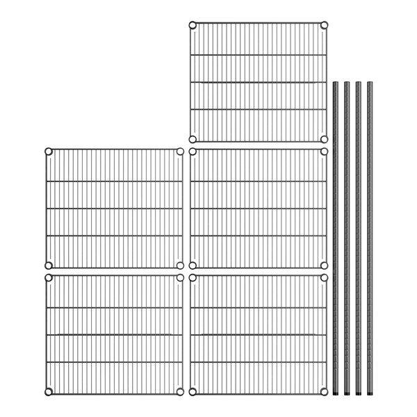A close-up of a wire rack with metal grids and black metal posts.
