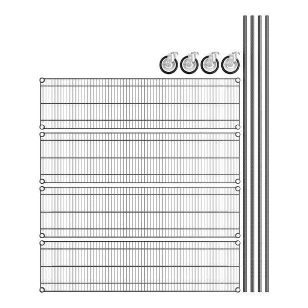 A Regency wire shelving kit with black wire mesh shelves and posts with wheels.
