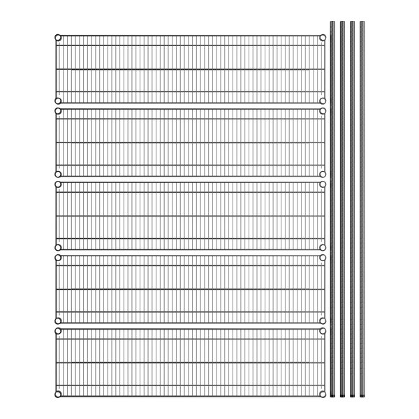 A diagram of a Regency black wire shelving unit with five shelves and four posts.