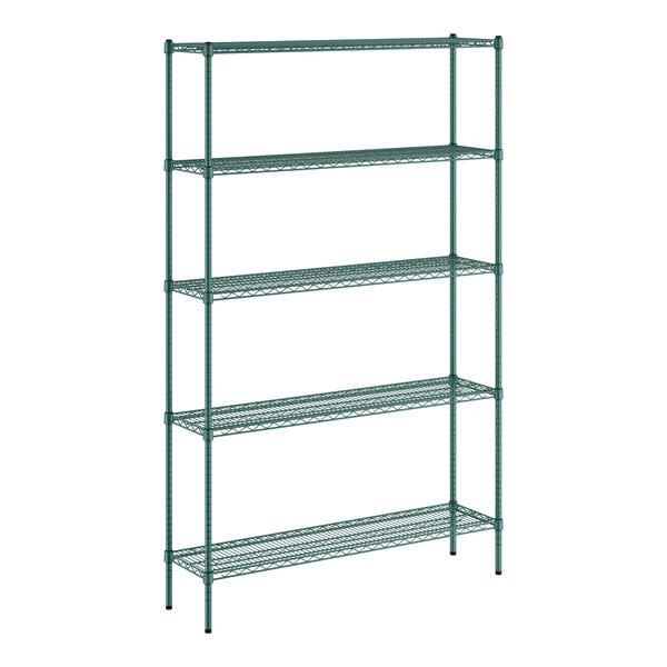 A green Regency wire shelving unit with four shelves.