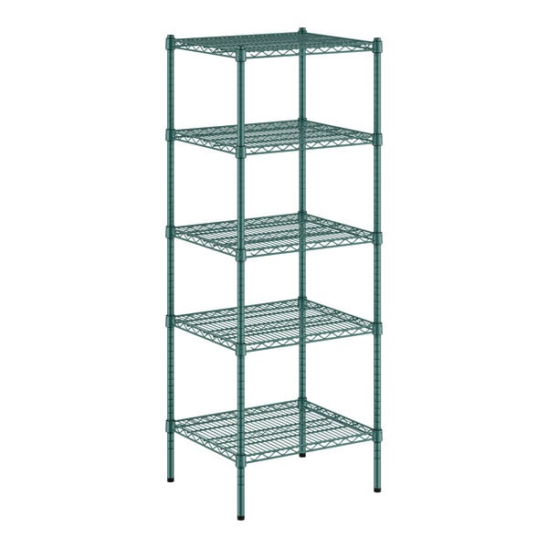 A Regency green wire shelving unit with four shelves.