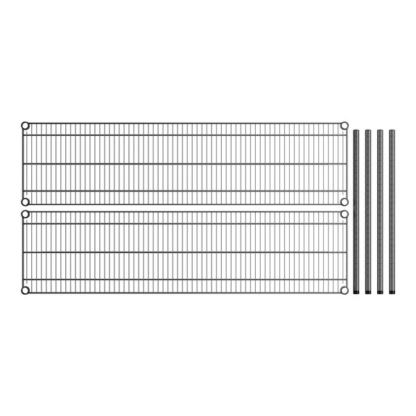 A Regency wire shelving kit with metal rods on two shelves.