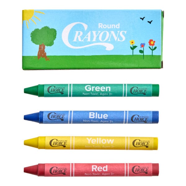 A box labeled 'Round Crayons' is shown above four crayons in green, blue, yellow, and red colors, each labeled with its color name.